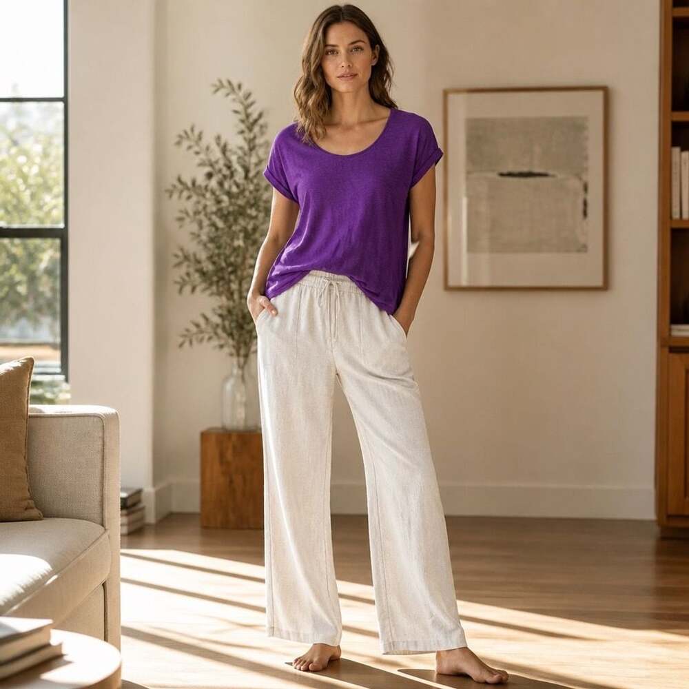 Eileen Fisher Organic Linen Jersey Scoop Neck Tee Size XS Purple